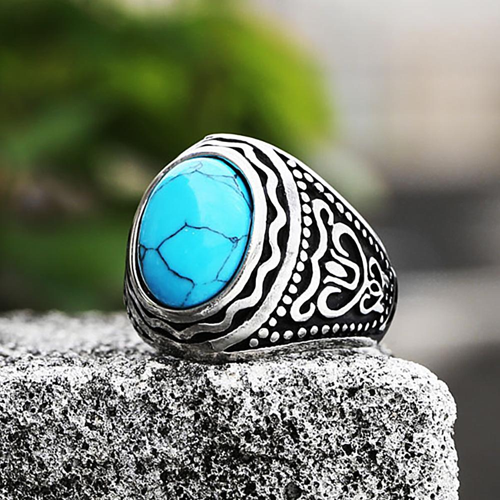 Men's Vintage 316L Stainless Steel Oval Opal Green Stone Rings Rock Hip Hop Fashion Jewelry Wedding Rings Accessories Wholesale