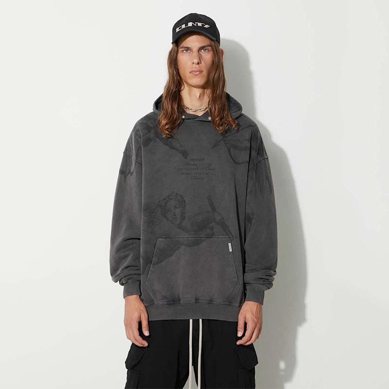 Felpa con cappuccio EastRogue con stampa angelo Cupido, stile high street lavato e distressed, vestibilità ampia, per uomo e donna, in puro cotone