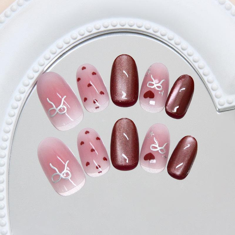 Three-dimensional cat's eye wine red love blush silver bow temperament white European and American style removable nail art pieces 30 pieces