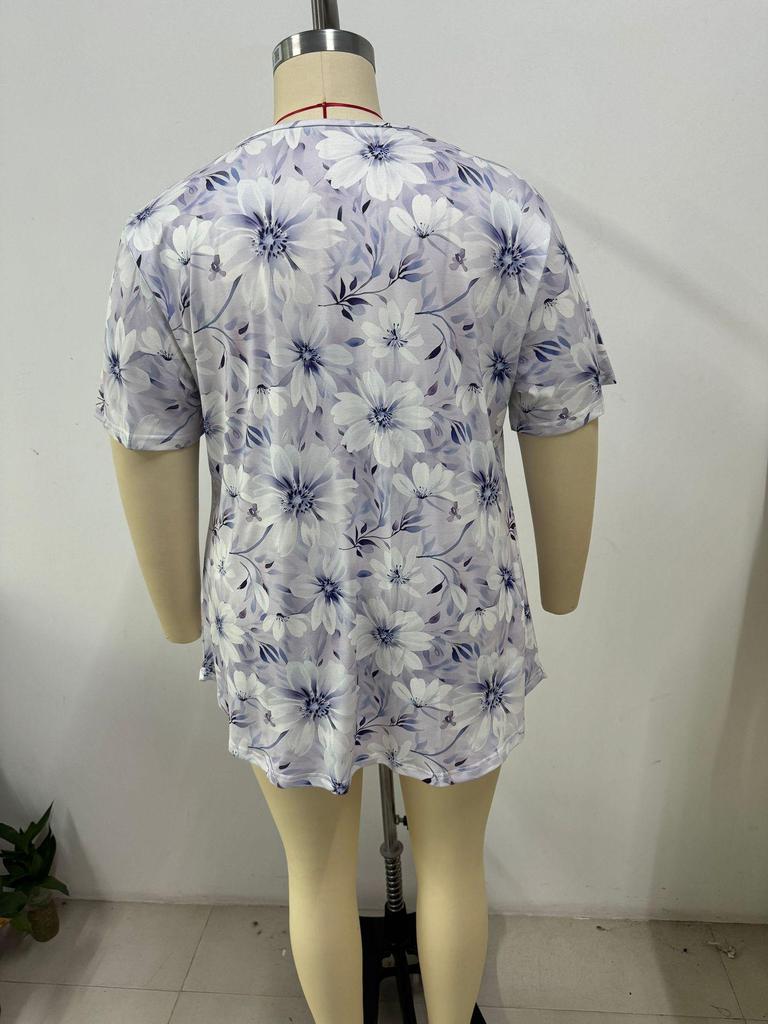 2025 Spring/Summer Women's Fake Two-Piece Short-Sleeve Button Print Top