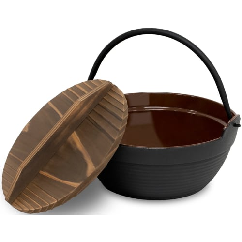 Ikenaga Iron Works IK Electric Cookware Specialty Deep Pot, 24cm (Brown Enamel Interior), Cast Iron with Natural Wood Lid, Made in China, QHK3024