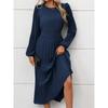New Autumn Elegant Vintage Solid Color Pleated Long Sleeve Work Dress