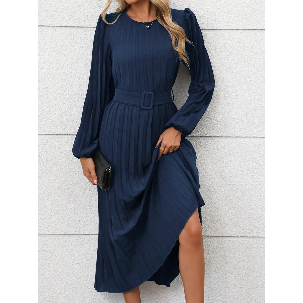 New Autumn Elegant Vintage Solid Color Pleated Long Sleeve Work Dress