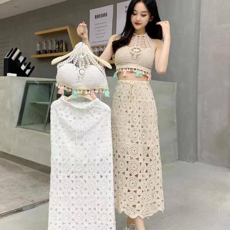 

Женский кружевной bodycon комплект из двух предметов с бахромой и вырезом на шее - Новая мода One Size Apricot (85-120 lbs)