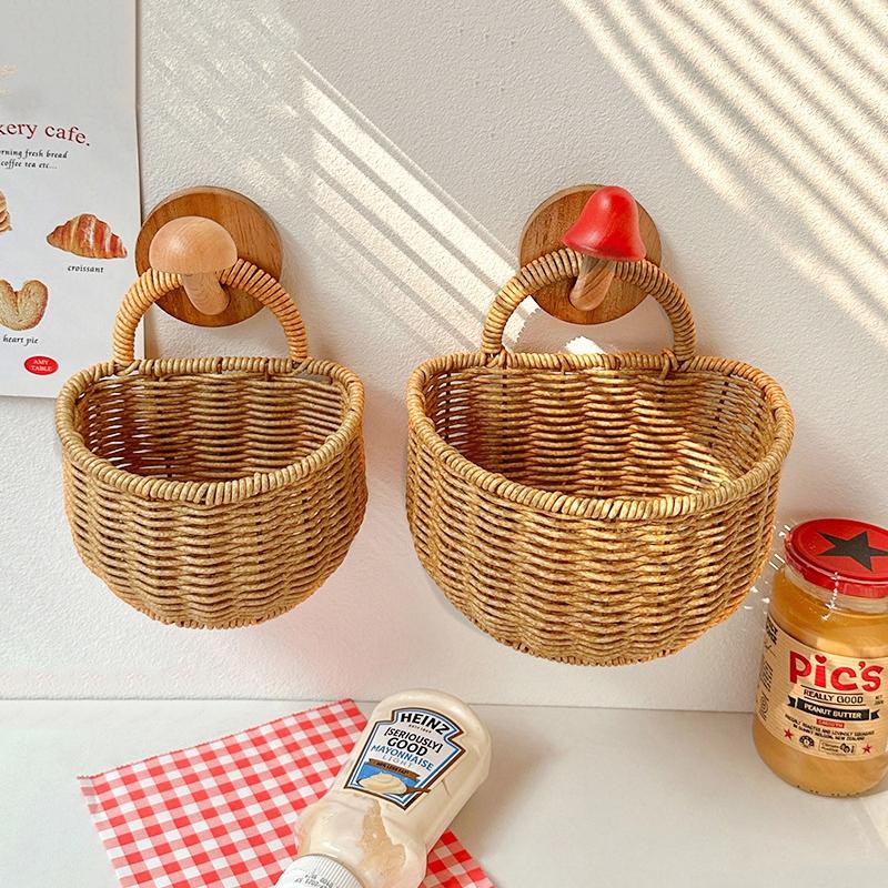 Kitchen Storage Basket With Handle Cute Wall Hanging Woven Basket Kawaii Hanging Storage Basket Kitchen Sundries Organizer