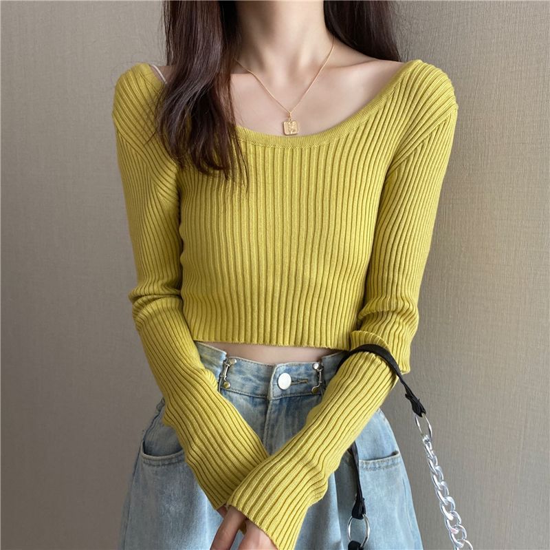 

Корейская версия Xiaoxiangfeng, круглый вырез, длинный рукав, вязаный свитер, женский весенний темперамент, облегающий универсальный топ L жёлтый