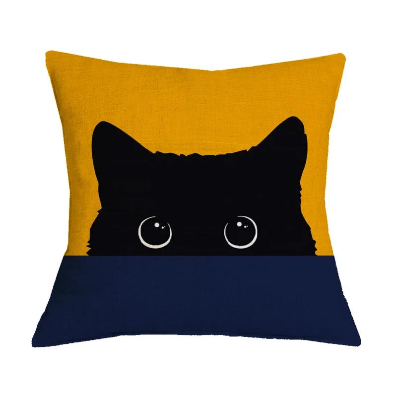 Creative Black Cat Pattern Cotton Linen Cushion Cover Animal Printed Pillow Case For Home Sofa Car Decor Pillowcase 45X45Cm