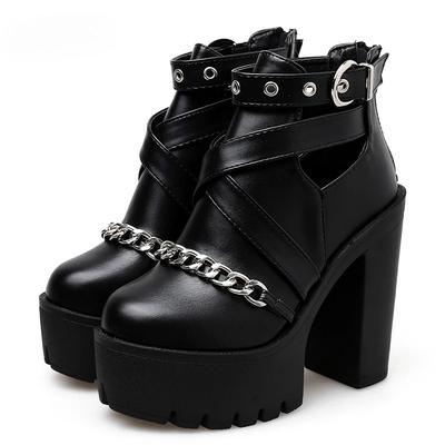 Grande Taille 42 Chaîne Mode Chaussures Femmes Fermeture Éclair Talon Haut Carré Bottines Cheville pour Femmes Chaussures Punk Plateforme Printemps Automne