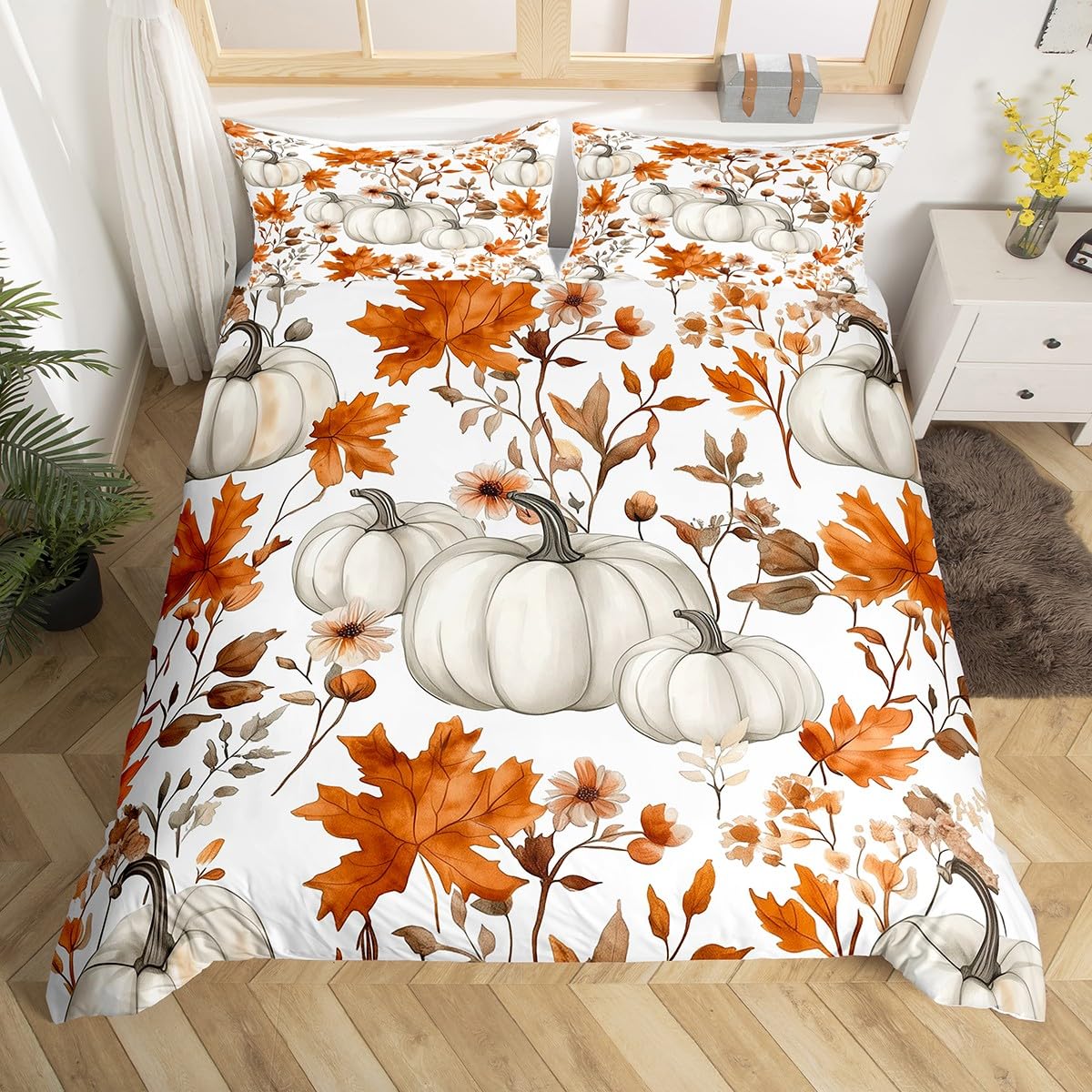 

Autumn Pumpkin Duvet Cover Full Queen Fall Leaves Boho Floral Bedding Set Farmhouse Harvest Home DecorThanksgiving Quilt Cover EU SK(260*220cm)3pcs