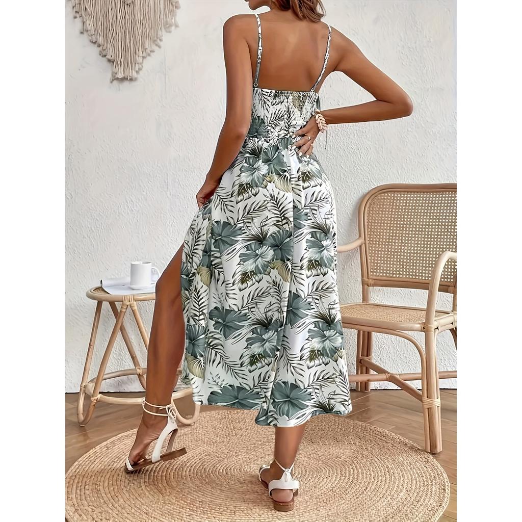 Damenkleid, Bedruckt, Träger-V-Ausschnitt, Häkelstich, Schlitzkleid, Geblümt, Bedrucktes Kleid