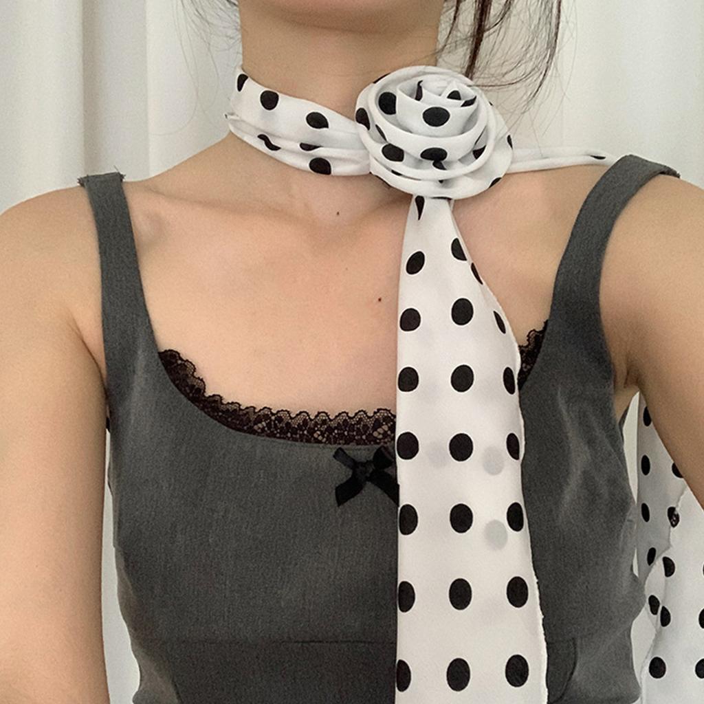 Silk Like Long Scarf Elegant Neck Decoration with Round Dot and Rose Flower Pattern for Fashion Forward Women