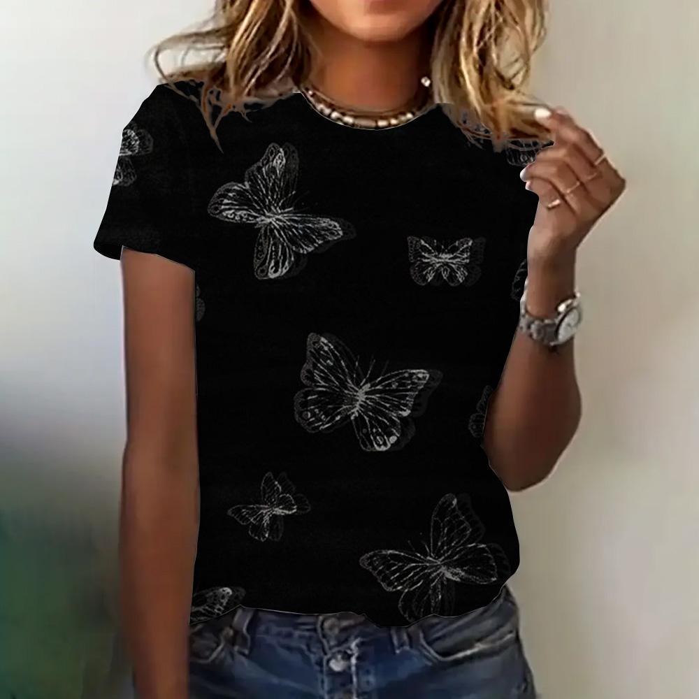 Women's Clothing Summer 3D Printed T-shirt Loose Breathable Short Sleeve Fashion Butterfly Print Round Neck Casual Top Women's T-shirt