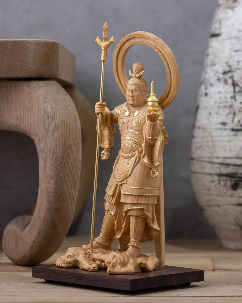 Tiny Buddha Bishamonten Ganjojuin type gold clay Buddha wood ornament - 11.5cm (Wooden Boxwood, finish)_Tamonten statue, figure, carving, (GSB