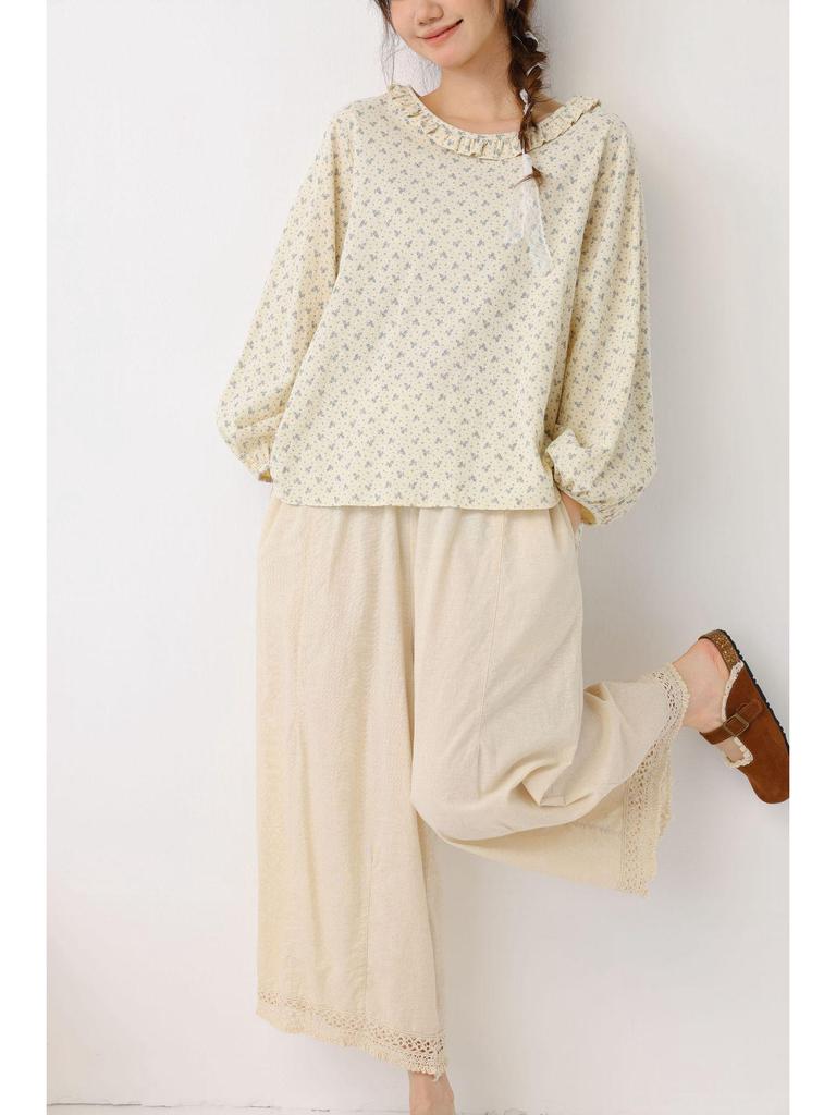 Spring/Summer 2026 Mori Girl Floral Batwing Lace Doll Shirt for Women