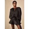 Women's Long Sleeve Shiny Chiffon Two Piece Mini Dress Tie Neck Ruched Waist Irregular Ruffle Skirt With Shorts Liner