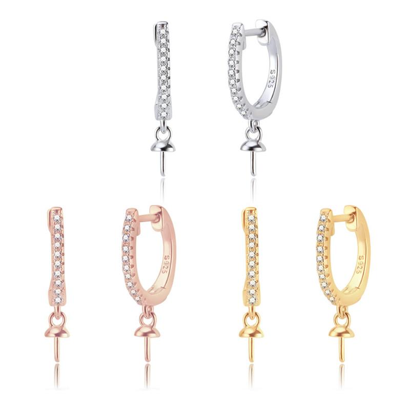 CLUCI 3 pair Authentic 925 Silver Zircon Hoop Earrings Jewelry for Women Party Sterling Silver Pearl Earring Mounting SE134SB