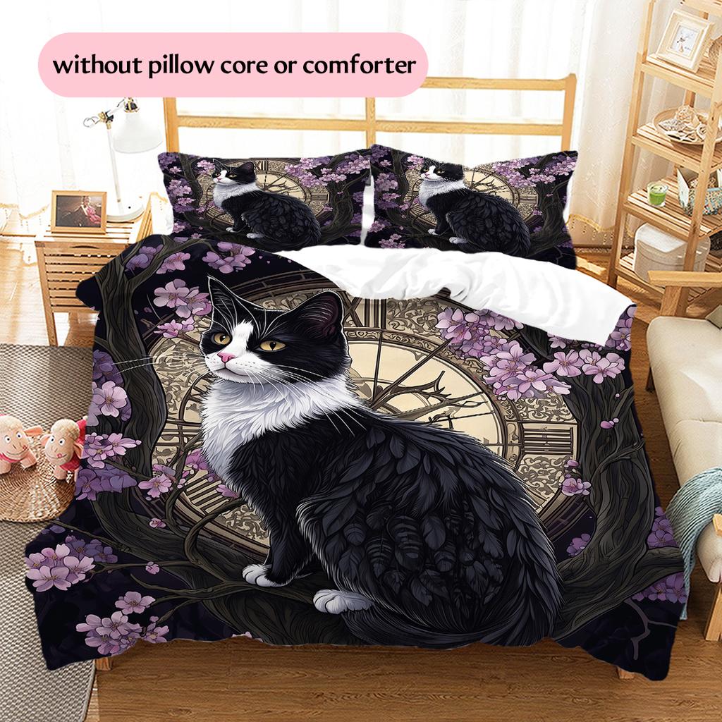 Beautiful Cow Cat Pattern Bedding Home Decoration Birthday Gift (1 * duvet cover + 2 * pillowcase, without core)