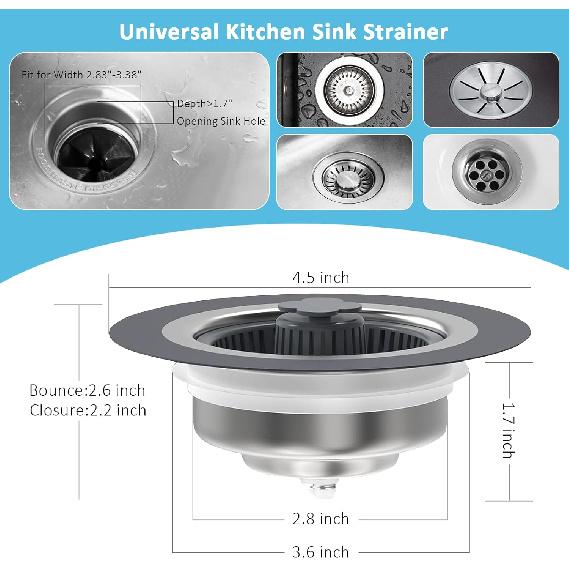 3 in 1 Kitchen Sink Drain Strainer Stopper - Stainless Steel Pop Up Sink Stopper & Anti-Clogging Strainer Basket Combo for US Standard 3-1/2 Inch
