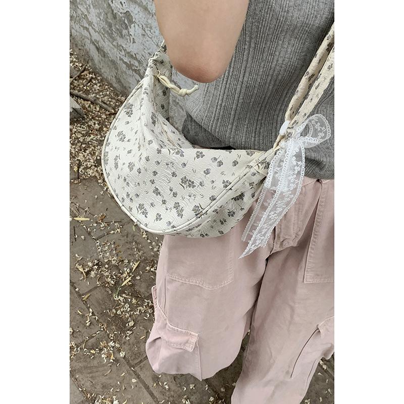 Bow Floral Bag for Women In Summer Korean Style Crossbody Dumpling Bag Simple Large Capacity Canvas Saddle Bag