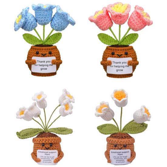 Emotional Support Crochet Flower Handmade Small Potted Lily of The Valley with Affirmation Card Inspirational Knitted Flower Gifts