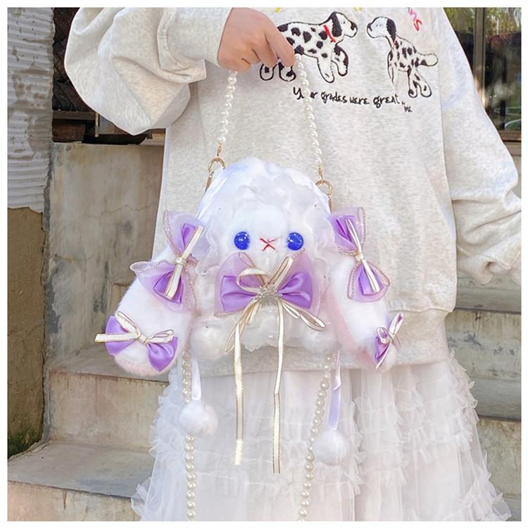 Lolita Bag Handmade Lolita Handmade Rabbit Bag Drawstring Diagonal Span Can Be Double Shoulder Large Capacity Pearl Plush Female Cute