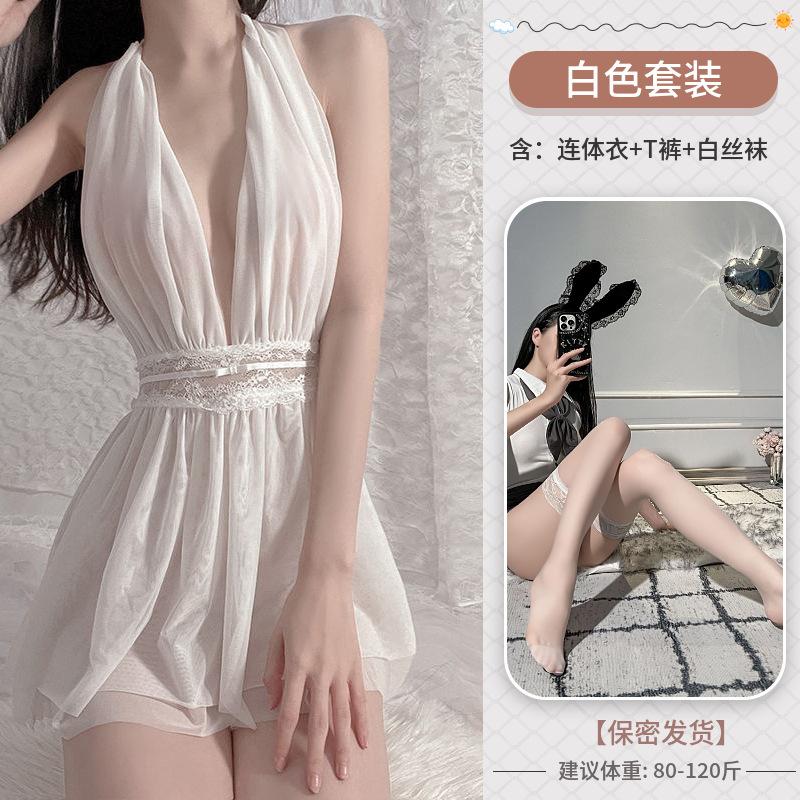 Sex underwear neck skirt French nightgown dinner bar uniform mesh backless perspective dress
