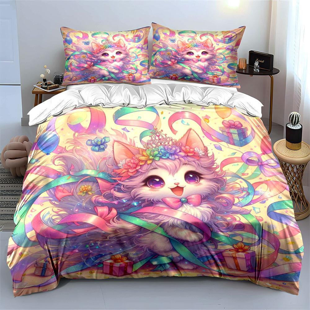 Dreamy Ribbons And Adorable Cat Celebration Printed Duvet Cover Set1 Duvet Cover+2 Pillowcasemulti Size Bedroom Bedding Decor