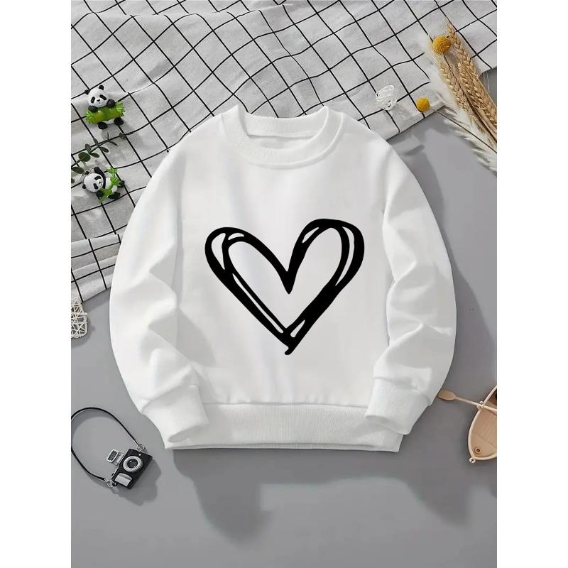 Kids Sweatshirt Hand-Drawn White Heart Outline Hoodie - Pink & Multi-Color Options, Long Sleeve Round Neck Casual Sweatshirt
