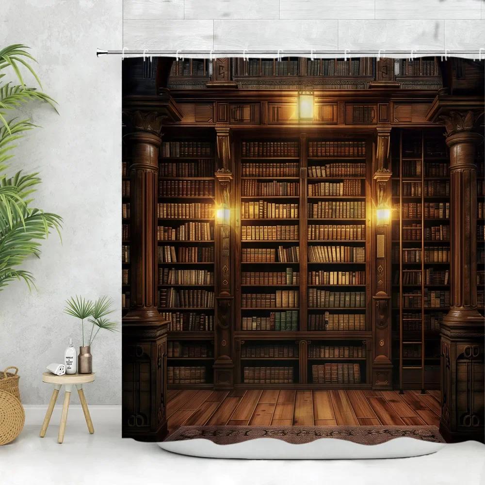 

Vintage Library Shower Curtain Old Book Bookshelf Candle Magic Wooden Antique Polyester Fabric Bathroom Decora Curtain Washable W60H190(CM)-1 Pcs