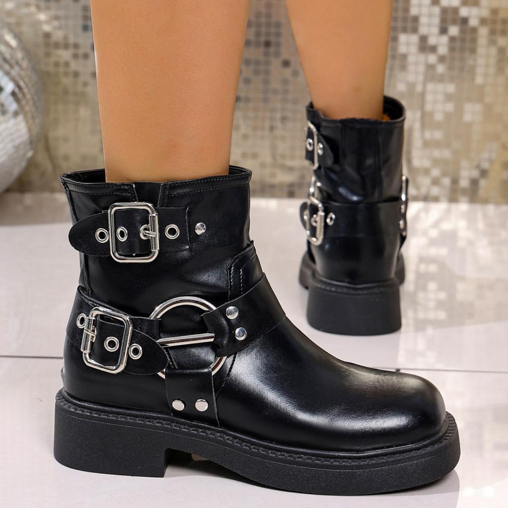 Retro Belt Buckle Western Cowboy Boots Women's 2025 New British Style Versatile Large Size Medium Boots Locomotive Martin Boots
