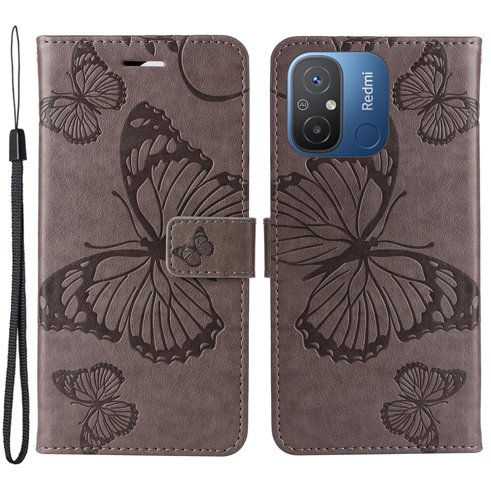 

For Xiaomi Redmi 12C 4G/11A 4G Wallet Case Floral Butterfly Imprinted Leather Phone Cover Stand Grey