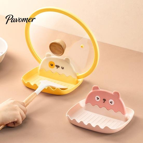 Cute Bear Pot Cover Stand Lid Holder And Spatula Rest, Cartoon Shape, Non-Slip Stable Utensil Rest for Spoons Plastic Organizer with Drain Groove