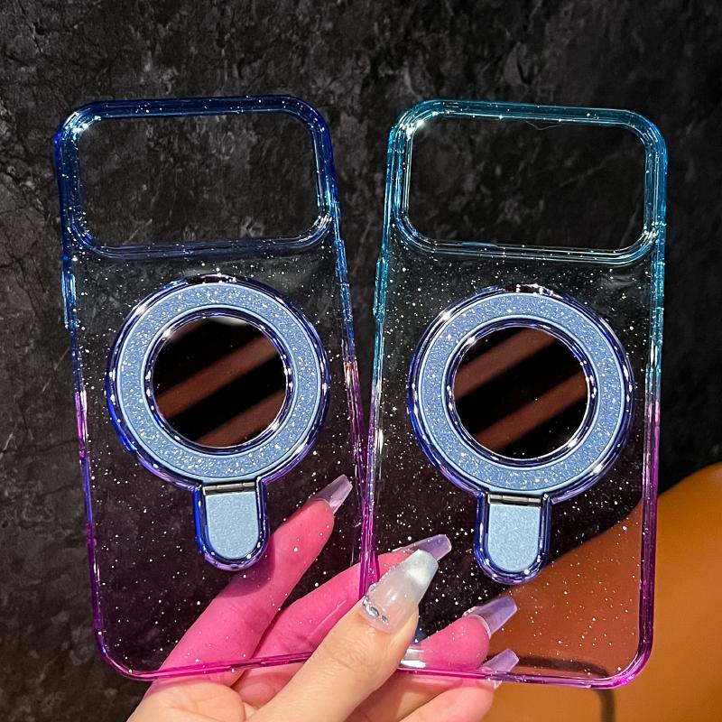 For Magsafe Magnetic Wireless Charging Gradient Two Tone Glitter Mirror Bracket Phone Case For iPhone 17 Pro Max Air Back Cover