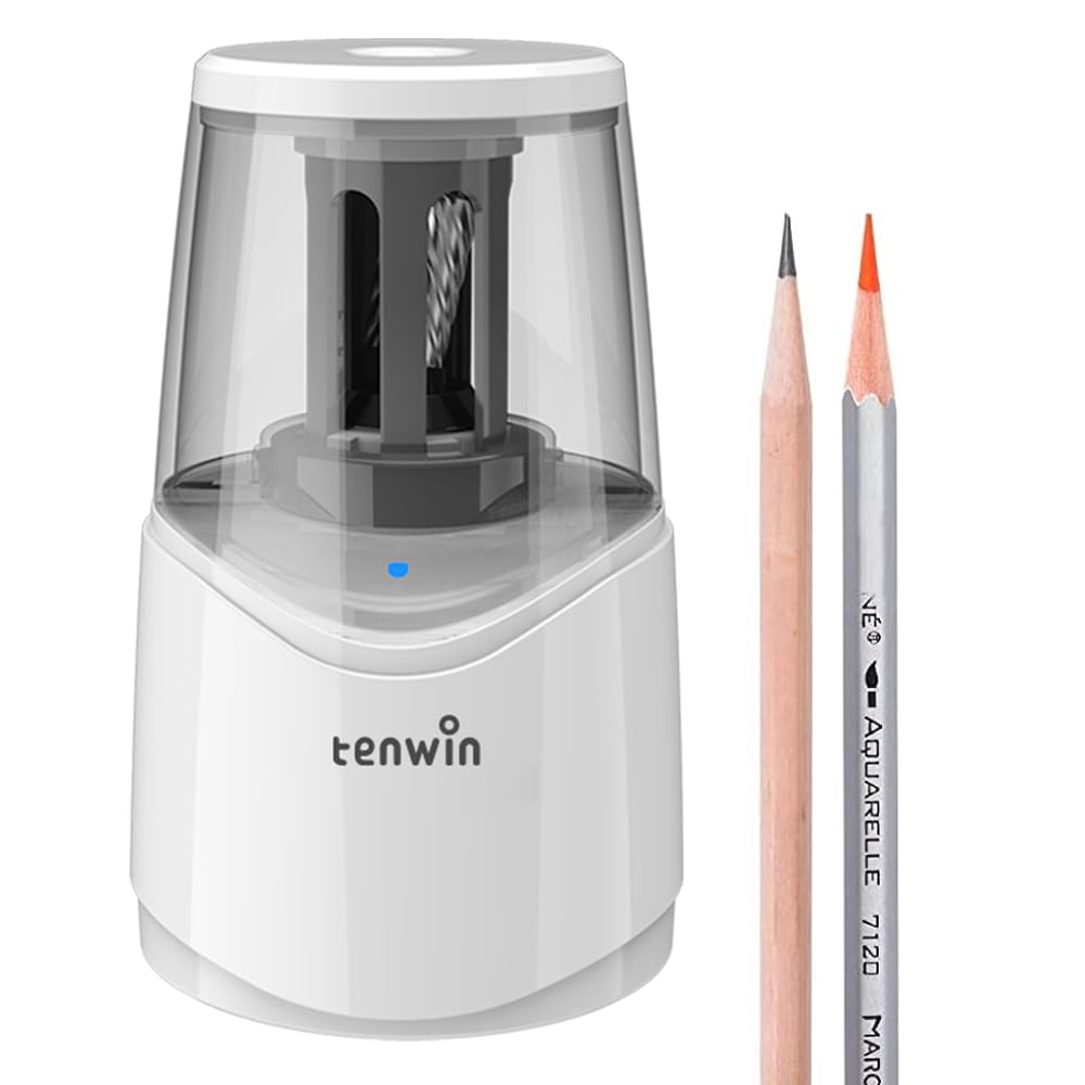 

Tenwin Electric Pencil Pencil Spiral перезаряжаемый кабель совместим с защитой от отключения электроэнергии автоматический выброс грифеля офисная белая точилка,