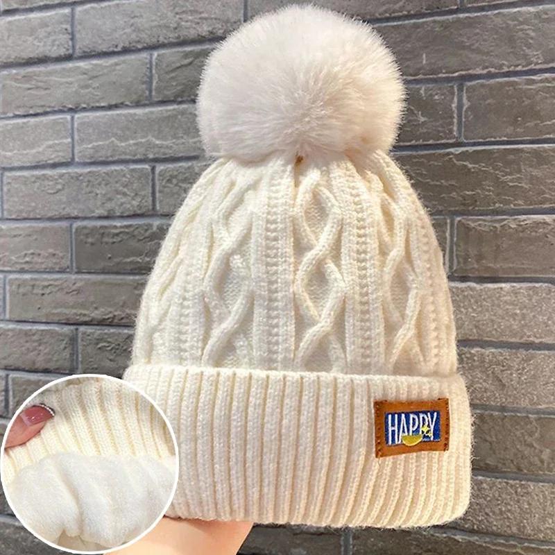 Winter Warm Female Fur Pom Poms Hat Winter Hat for Women Girl 's Cap Knitted Classic Beanies Cap Hats Thick Women Skullies