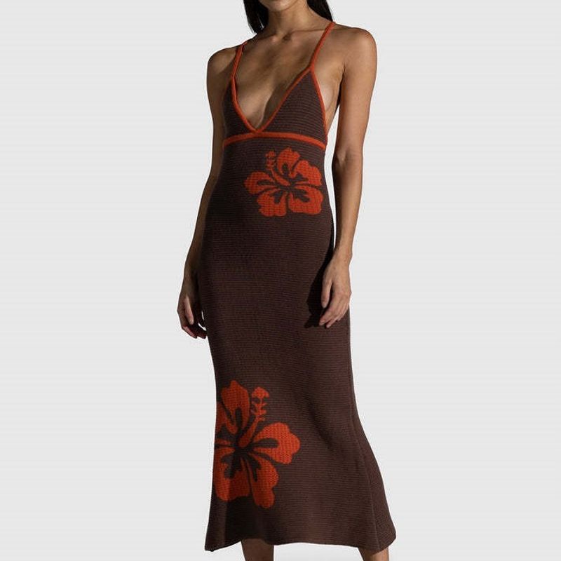 

Индивидуальность Западный Стиль 2024 Лето Темперамент Новые Вязаные Слинг Подвесная Шея V-образный вырез Открытая спина Сексуальные платья для женщин Dark brown L