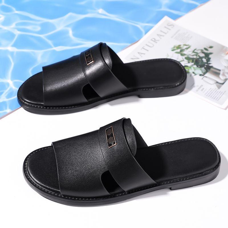Herren Schwarz Leder Hausschuhe Einfache flache Sandalen Sommer Braun Outdoor Römische Sandalen Outdoor Strandschuhe für Vater Übergröße