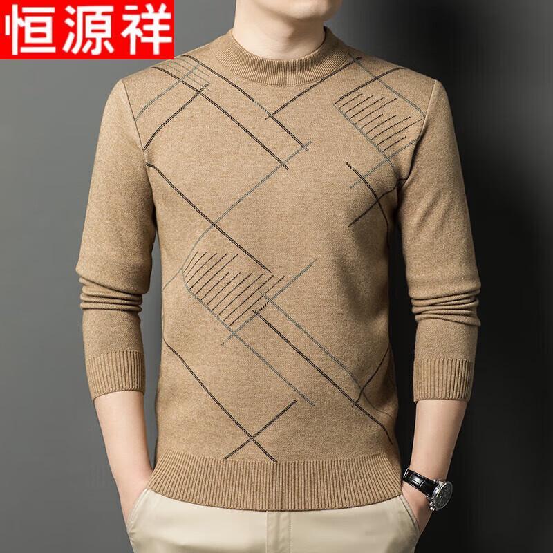 Hengyuanxiang Men's Thickened Jacquard Knit Crew Neck Sweater