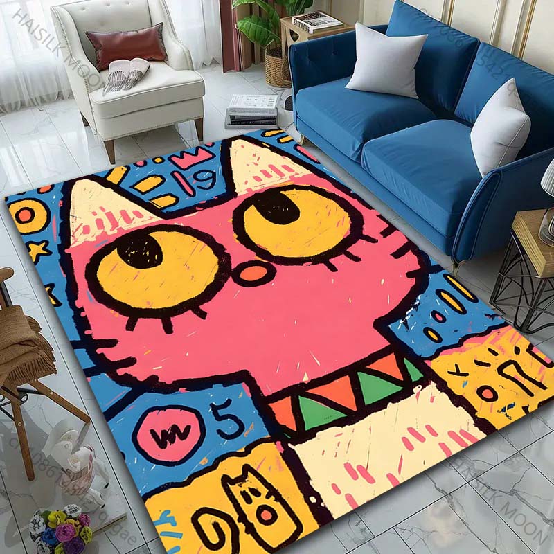 Multiple Sizes Pink Cat Cartoon Graffiti Style Carpet for Living Room Bedroom Sofa Home Decor Rus Non-slip Floor Mat Luxury Gift
