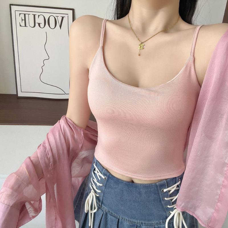 Pure Color with Breast Cushion Halter Vest Women with Short Pure Wind Comfortable Slim-fit Back Top Woman