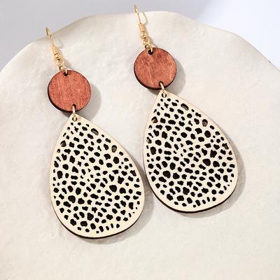 Women Wooden Teardrop Hollow Out Leopard Print Dangle Earrings