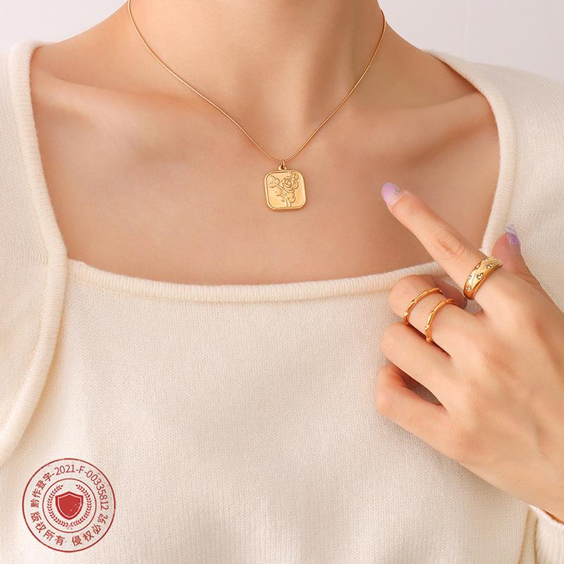 French Retro Rose Pendant Necklace - Gold Plated Stainless Steel Square Design with Clavicle Chain