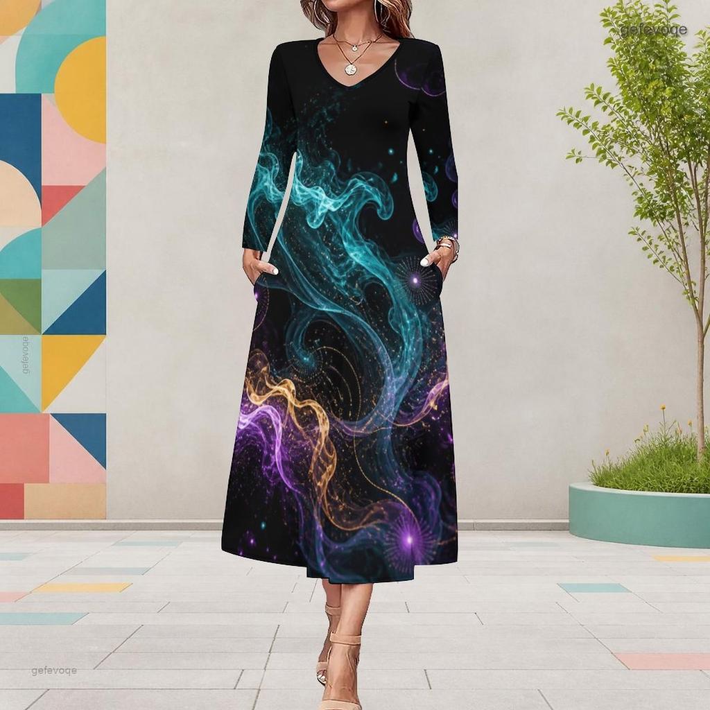 Women Plus Size V Neck Long Sleeve Colorful Printed Pockets A Line Midi Dress