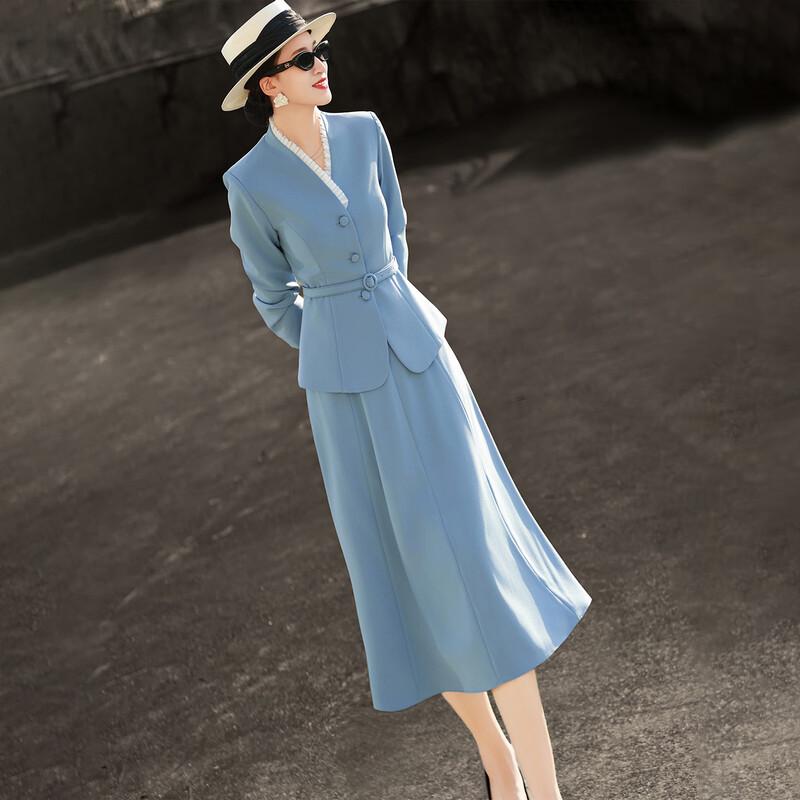 Elegant V-Neck Waist-Cinching Blazer & Skirt Set M