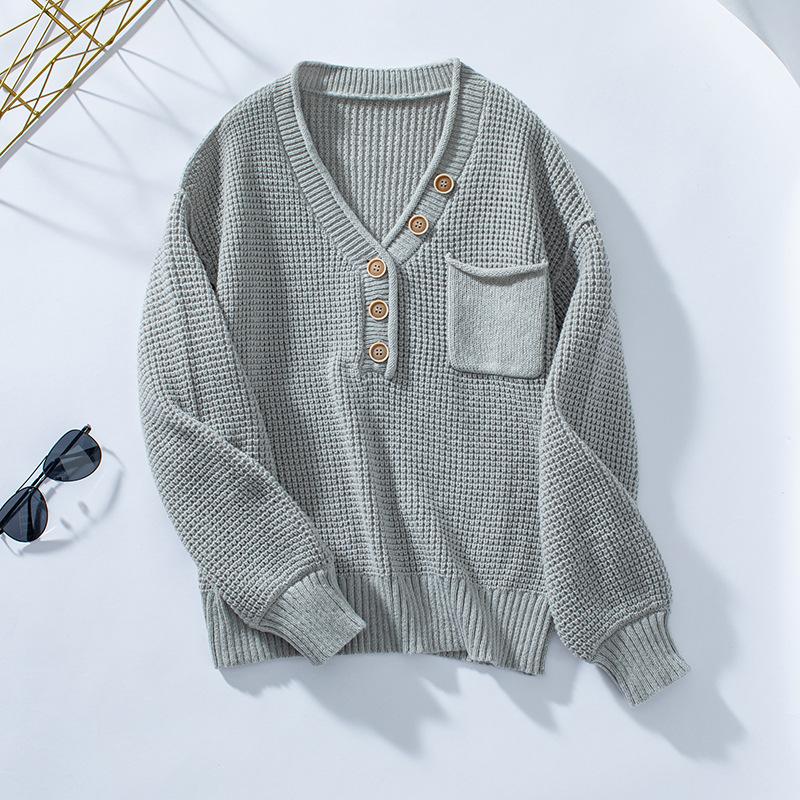 Women's Fall/Winter Knitwear Loose Pullover V-Neck Button Solid Color Sweater