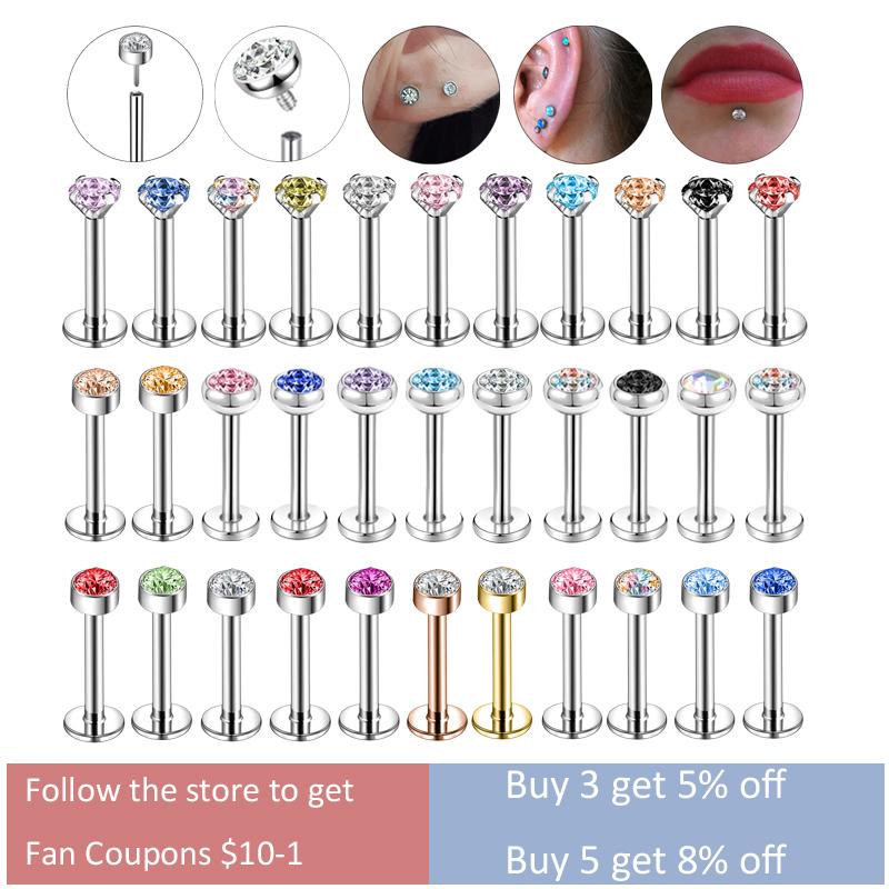 ZS 6-13 STK/LOT 16G Rustfritt Stål Leppe Labret Piercingsett Krystall Monroe Leppepiercing Øre Tragus Helix Bruskpiercing 6/8/10mm