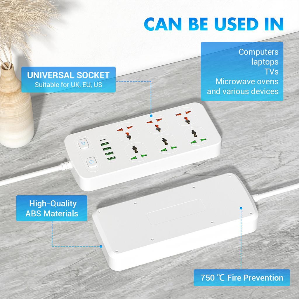 Power Strip Surge Protection Multi Socket 6 Outlets UK/US/EU Plug 1.8m Extension Cord with Type C 4USB Port Electrical Table Socket