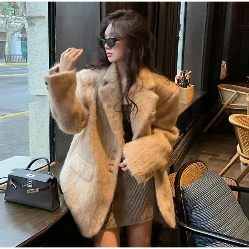 

Пальто с лацканами, женское, элегантное, с длинным рукавом, на пуговицах, для офиса, женская, лохматая, зимняя, модная, свободная куртка L