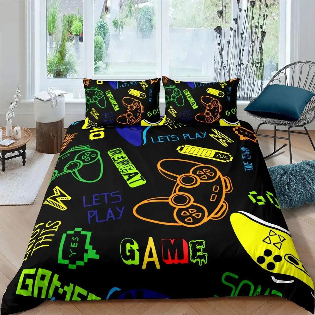 Gamer Duvet Cover Set Rotating Music Comforter Cover Gamepad Gaming Bedding Set for Boys Headphone Bedspreads Cover Queen Size
