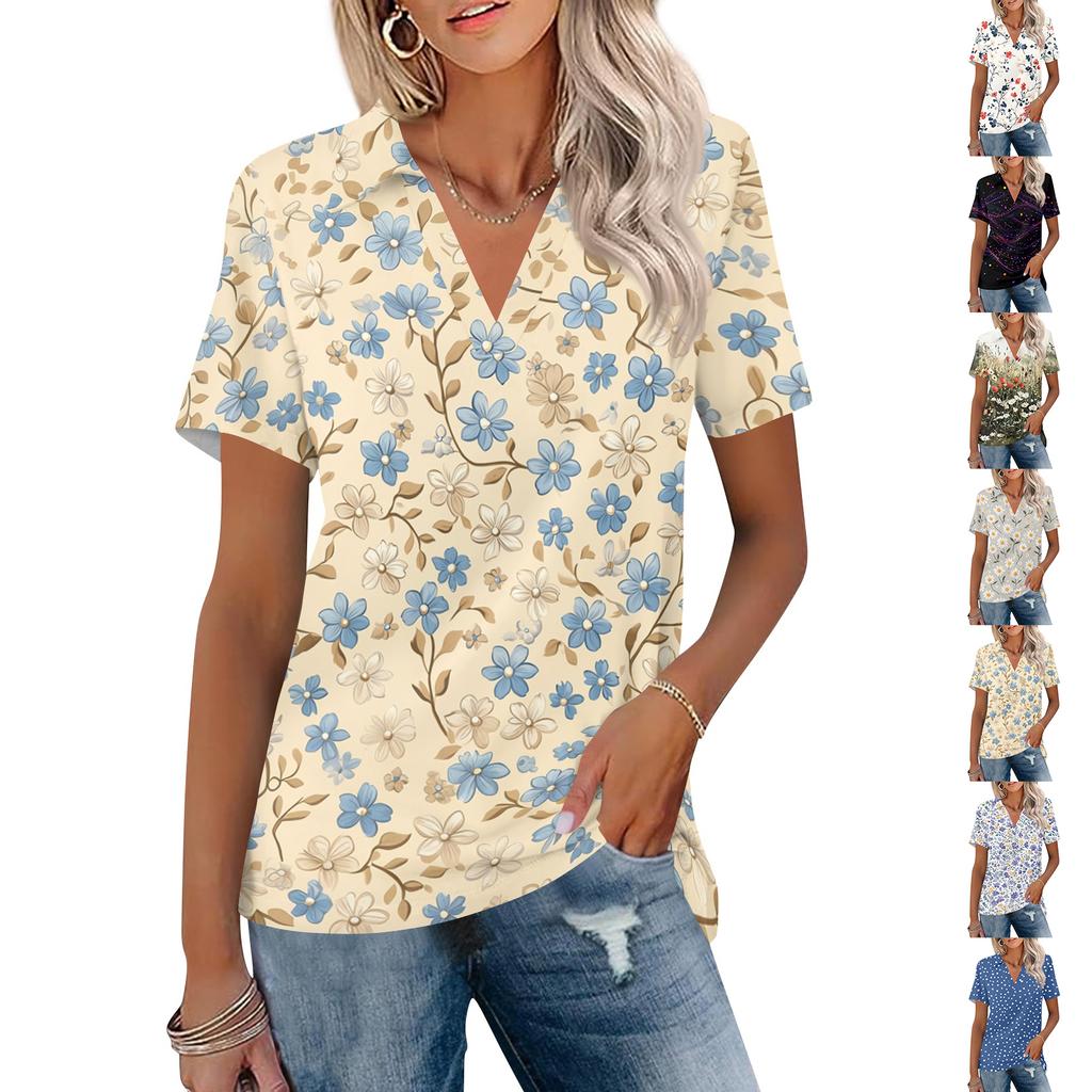 Women's V-Neck Short Sleeve Floral Print Blouse with Collar - Casual Fashion Top